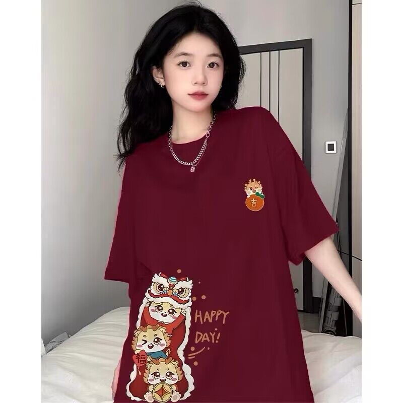 新年本命年酒紅色短袖t恤女夏季新款龍年設計感小眾純棉半袖上衣