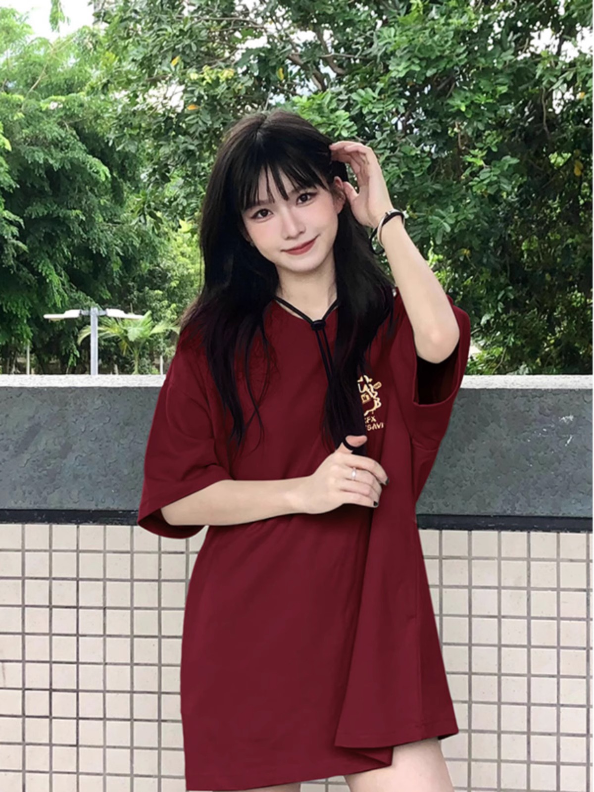 本命年龍年oversize純棉圓領短袖T恤女2024年新款國風酒紅色上衣