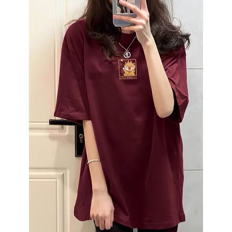 2024龍年新年款酒紅色短袖t恤女夏季寬鬆純棉設計感小眾情侶上衣