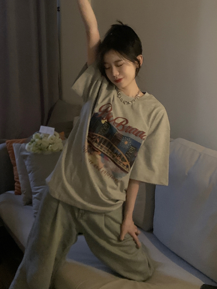 美式復古t恤女oversize夏季夜景圖案短袖體恤情侶半袖寬鬆上衣潮