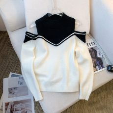 批发实拍 大货 2026春装新款韩版撞色露肩宽松慵懒风外套针织衫毛衣女