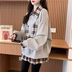 批发仿华棉复牛奶丝春秋薄款卫衣女假两件大码胖mm<b class='q'>外套</b>