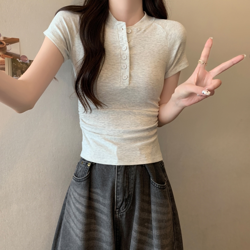 실사 2026 단색 40 순면 한국 스타일 새로운 여름 아메리칸 핫걸 바람 하프 버클 칼라 쇼트 스타일 반팔 티셔츠