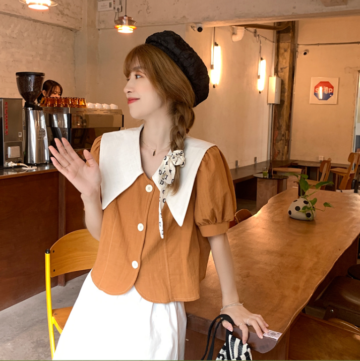 여름 드레스 새로운 빅 사이즈 여성 의류 프랑스식 Chic 맨위 거품 소매 셔츠 베이비 칼라 셔츠 m-4xl200 근