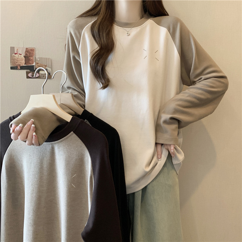 실사 리브 De 플러시 긴팔 티셔츠 여성 가을 겨울 라운드 넥 삽입 어깨 인사이드 가져 가라. 기본 셔츠 맨위