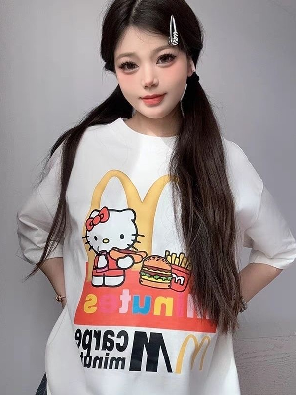SIXMINU小蚊子潮牌美式卡通m記kt貓T恤情侶休閒短袖夏季女士短袖t