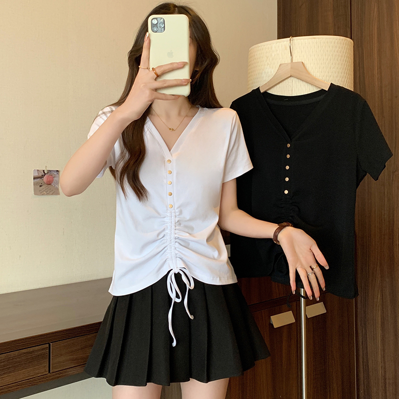 RY70111# 实拍大码不规则褶皱短袖t恤女夏胖MM宽松遮肉设计感小众辣妹上衣