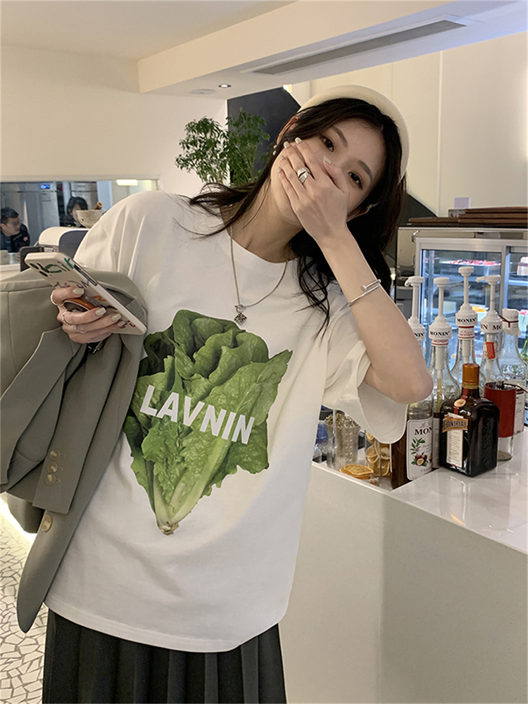 있음 선적 한국 대외 무역 반팔 티셔츠 여성 여름 새로운 루즈핏 다용도 디자인 센스 상추 프린트 맨위