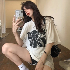 批发韩国<b class='q'>外贸</b>夏季新款港风简约印花休闲宽松百搭上衣内搭圆领T恤女