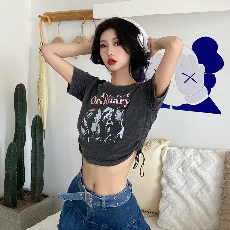 있음 선적 6535 워시 물 면 마 오래된 새로운 항구 바람 레트로 프린트 반팔 티셔츠 여름 펌프 로프 허리 수축