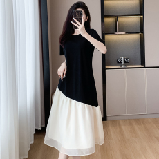 批发实拍2026夏新款<b class='q'>连衣裙</b>中长款T恤裙撞色拼接仙气飘飘大码<b class='q'>连衣裙</b>女