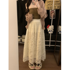 批发实拍  大码百搭设计感宽松显瘦蕾丝拼接中长款半身裙裙子女