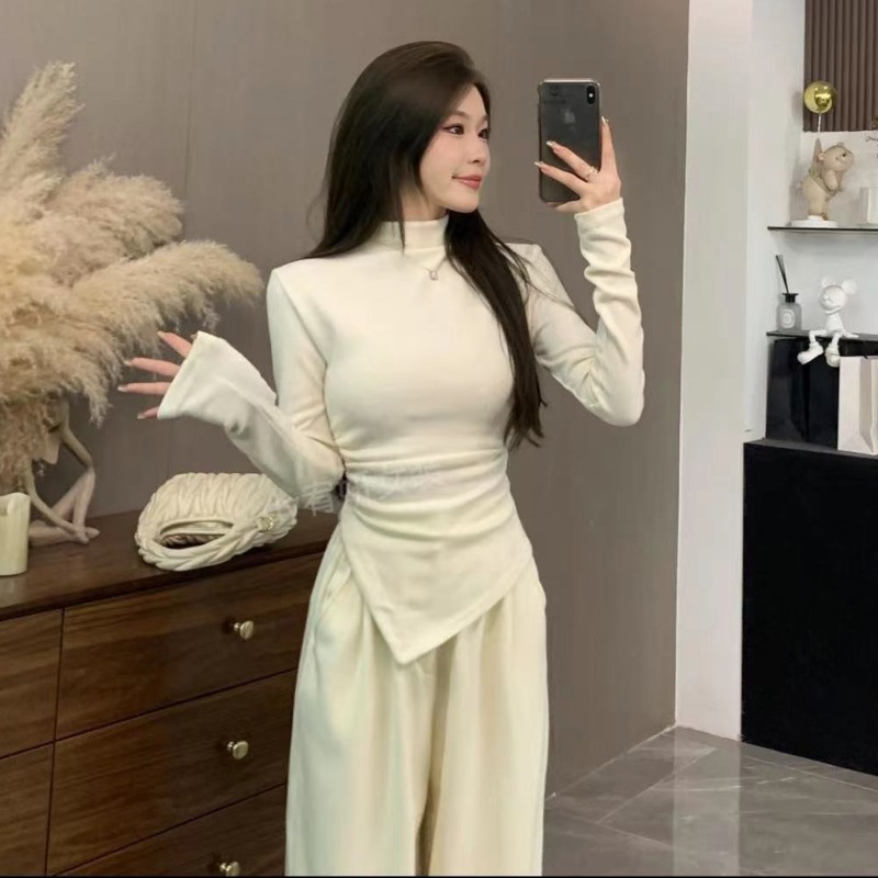 大碼胖mm不規則半高領針織長袖T恤女加厚秋冬內搭修身上衣打底衫