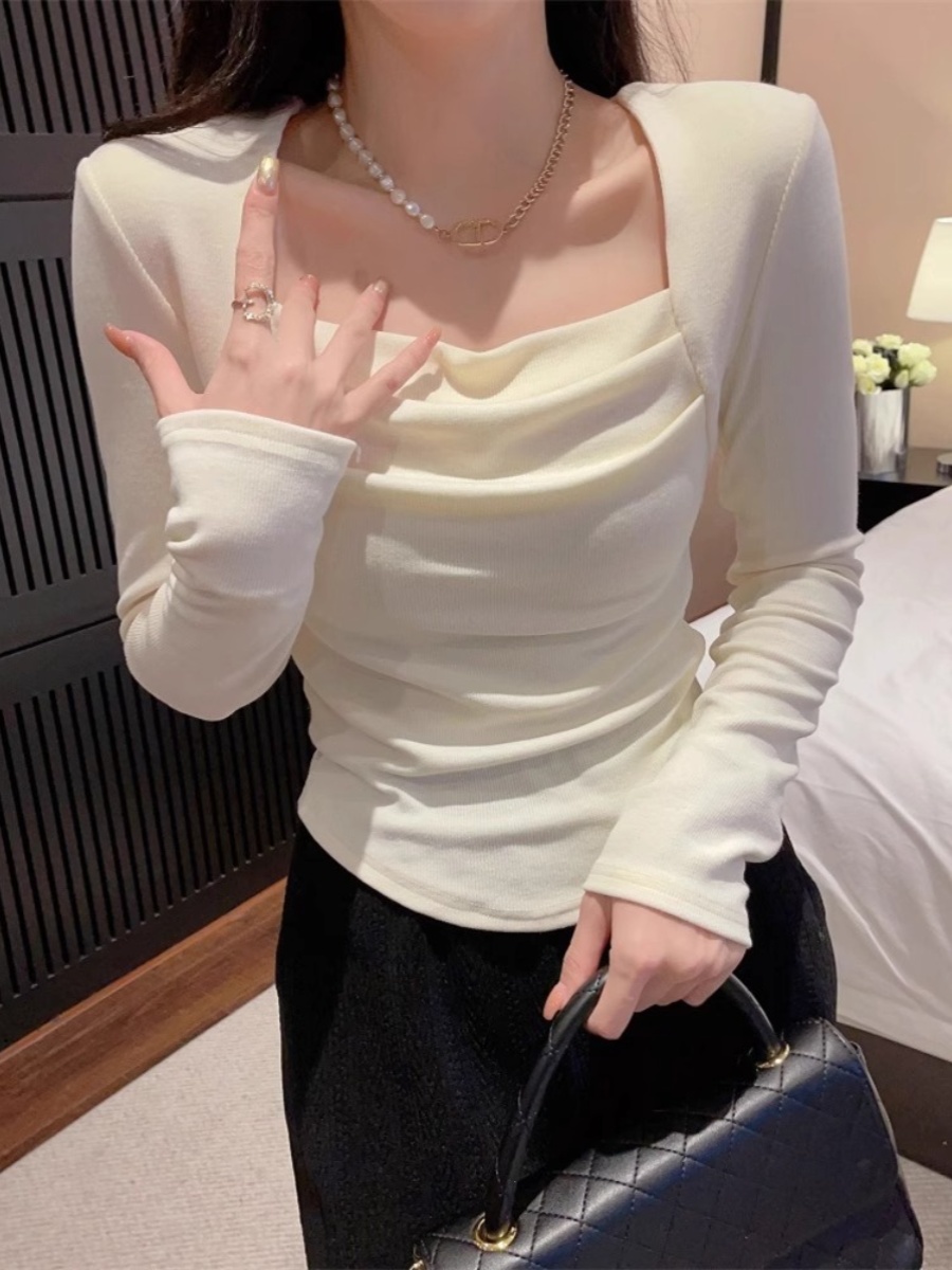 純欲方領褶皺鎖骨修身打底衫上衣女春秋小眾設計感內搭長袖T恤潮