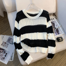 批发实拍 大货 2026春装新款韩版气质条纹<b class='q'>宽松</b>慵懒风薄款防晒<b class='q'>针织衫</b>女