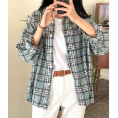 批发韩版春秋磨毛格子衬衫灯笼袖宽松大版时尚长袖百搭衬衣<b class='q'>外套</b>女