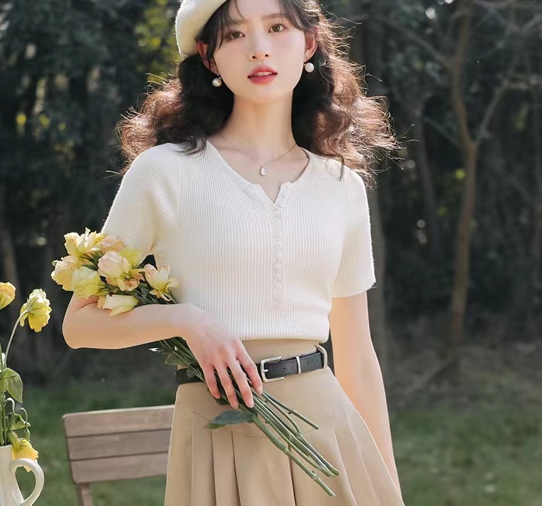 韓國純欲風糖果色薄款針織短袖T恤女夏季寬鬆顯瘦設計感上衣