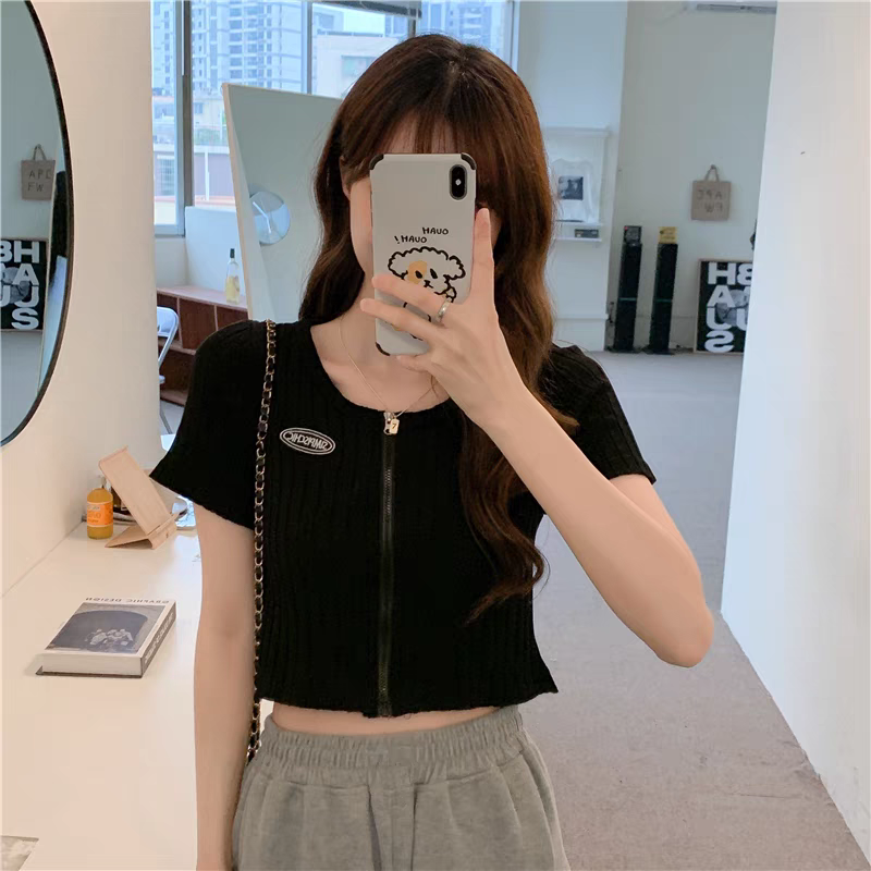 網紅黑色短款針織t恤女夏裝大碼胖mm設計感拉鏈短袖上衣服ins潮夏