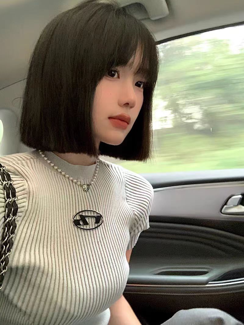 夏季新款復古辣妹灰色上衣女大碼胖mm短袖修身顯瘦冰絲針織衫t恤