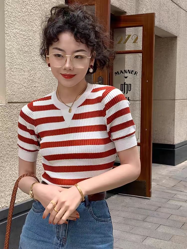 短袖年夏季新款百搭薄款仙女別致短款冰絲針織t恤女上衣女ins