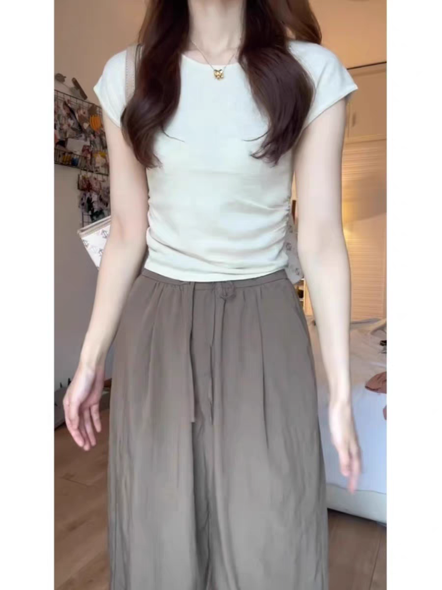 冰絲針織短袖T恤女春夏薄款修身顯瘦圓領正肩體恤辣妹小飛袖上衣