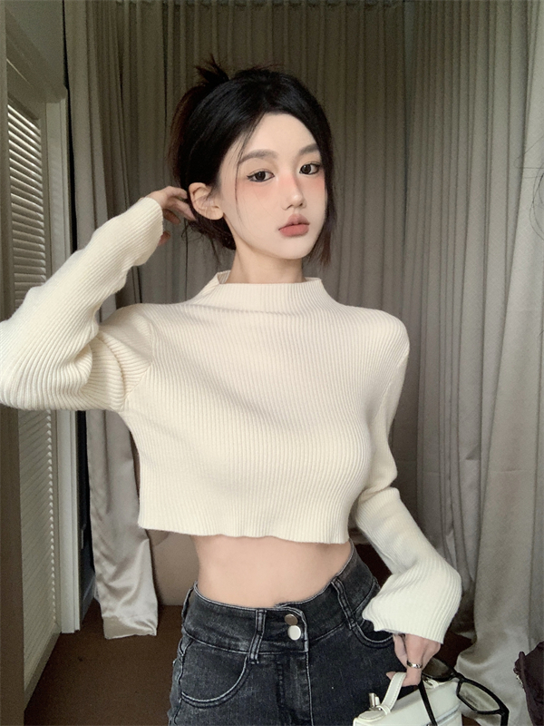 實拍 白色半高領打底衫女春季洋氣中領顯瘦修身短款針織衫