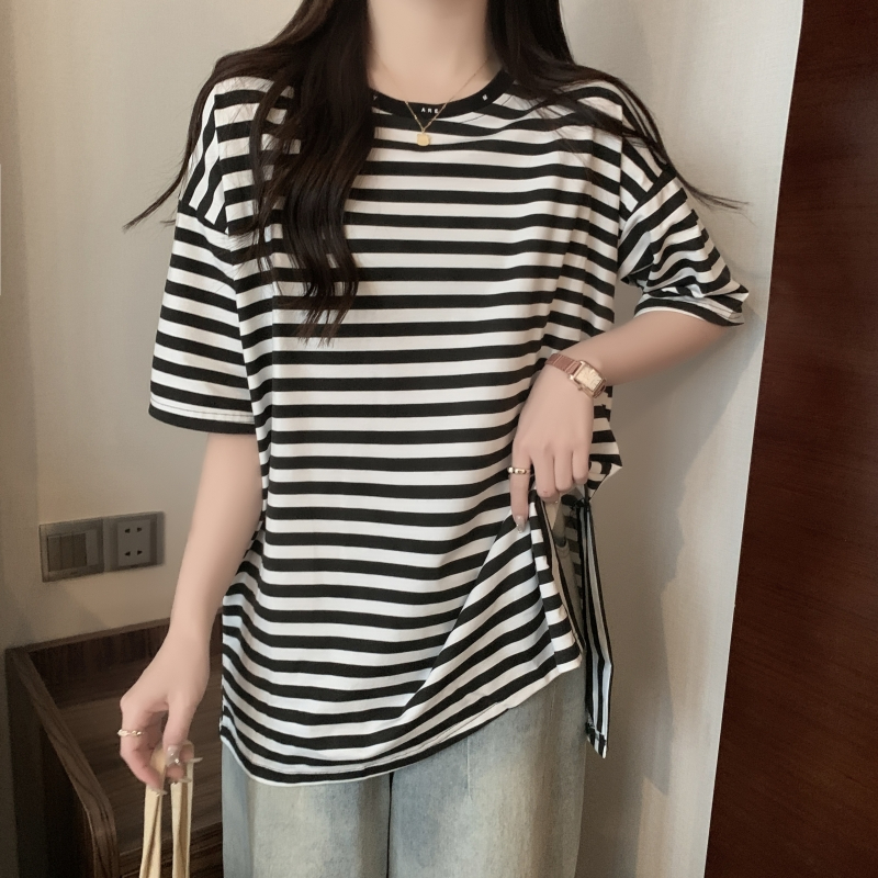 實拍 6535棉 美式復古條紋寬鬆開叉短袖T恤女中長款