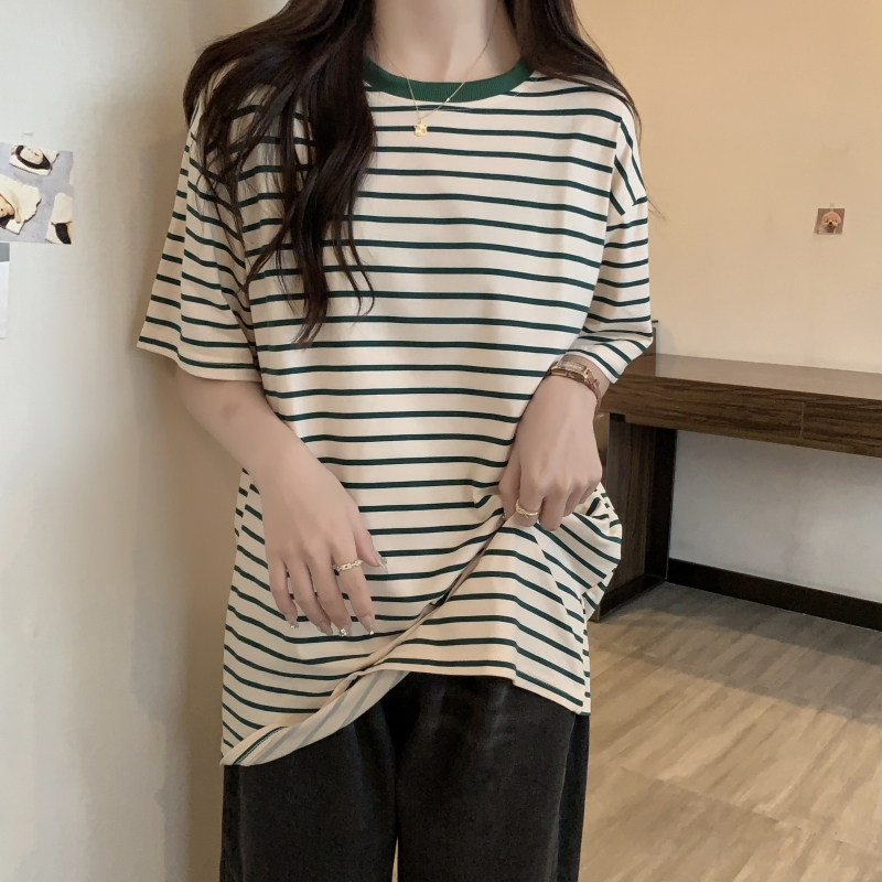 實拍  6535拉架夏裝中長款寬鬆綠色橫條紋短袖T恤女