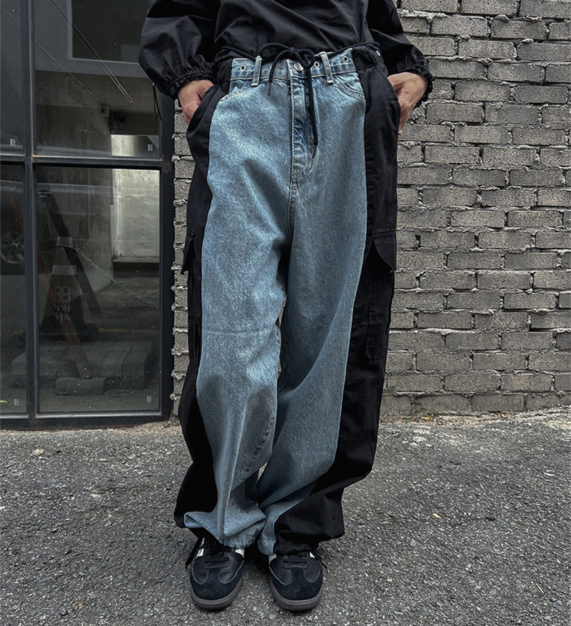 2024 new high-waist contrasting color slim straight wide-leg drawstring workwear casual trousers
