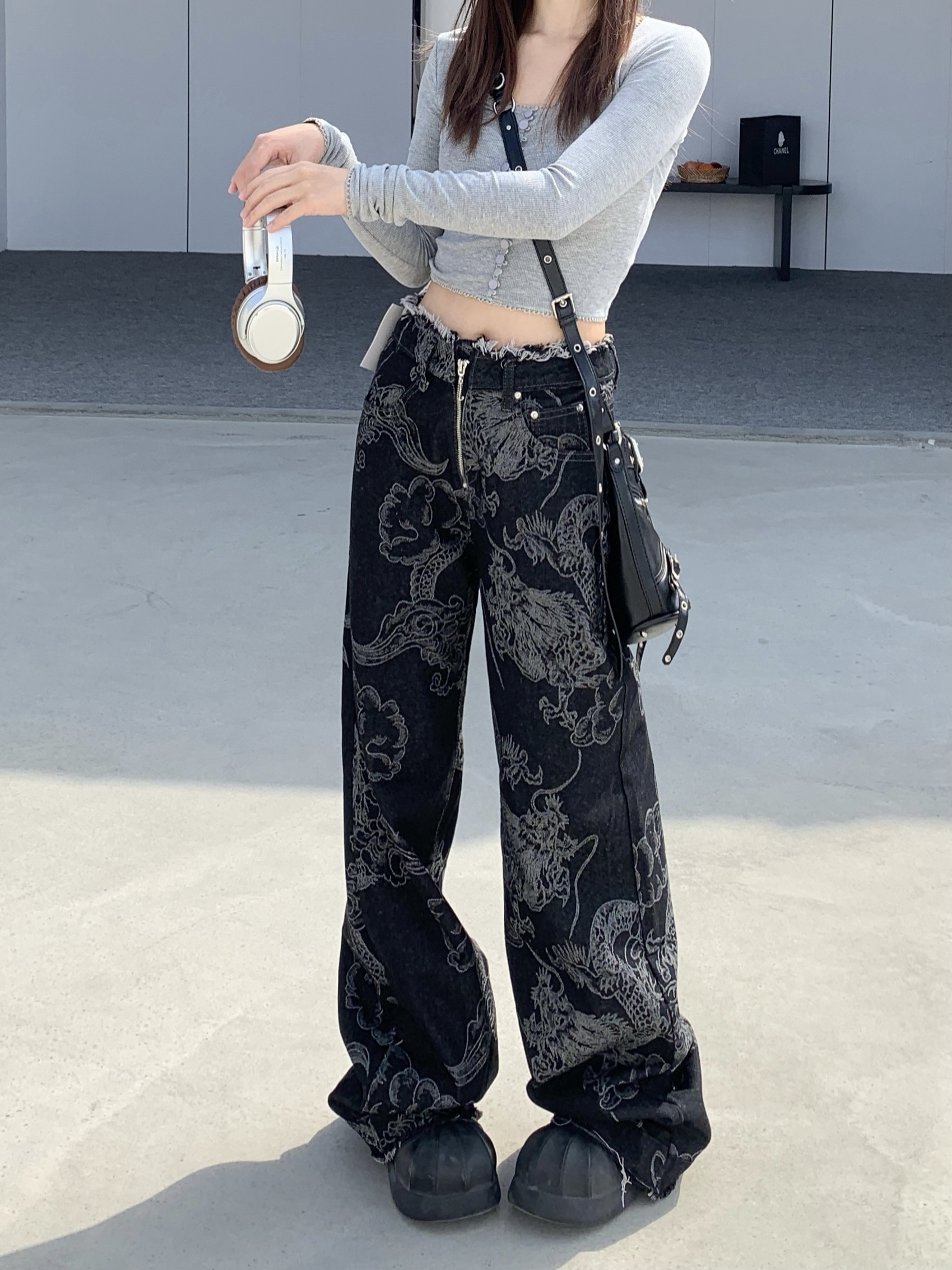 實拍！！！新款設計龍紋印花牛仔褲女高街辣妹寬鬆塗鴉牛仔褲