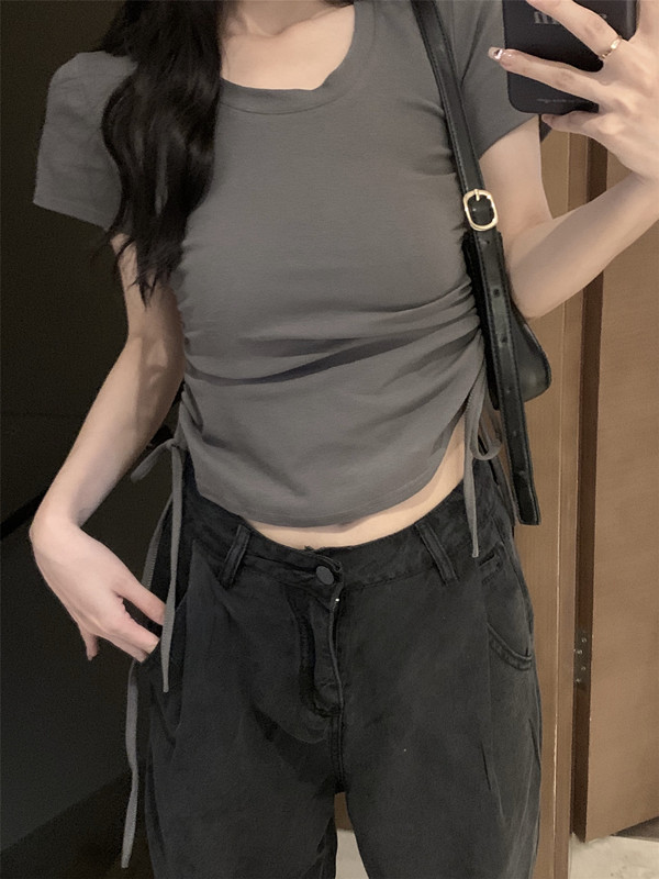 甜辣純欲風設計感正肩短袖T恤女夏緊身短款收腰抽繩小眾上衣