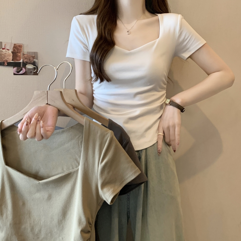 實拍 40支純棉2024夏裝褶皺修身桃心領短袖T恤女鎖骨修身短款上衣