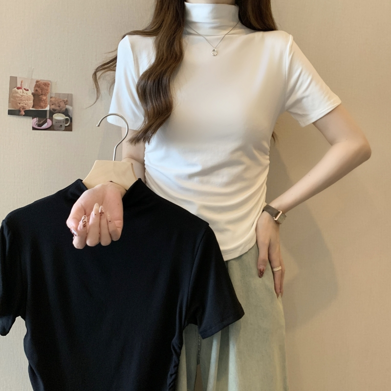 實拍 40支純棉 2024夏裝半高領弧形短袖T恤女打底衫修身氣質上衣