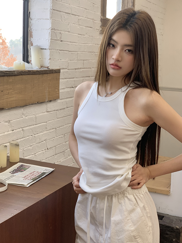 實拍2024夏裝新款北歐美百搭修身螺紋工字背心吊帶女內搭打底外穿
