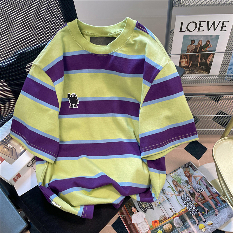 美式復古刺繡小怪獸條紋短袖t恤男女夏季vintage國潮正肩半袖上衣