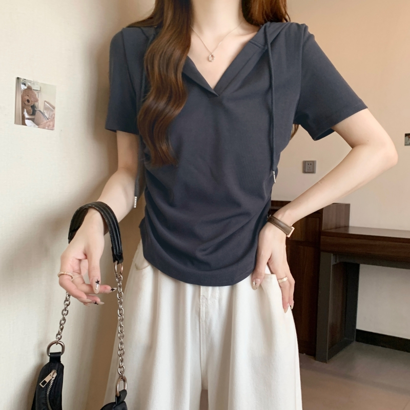 實拍 40支純棉 2024夏裝連帽抽繩短袖T恤女純色褶皺短款上衣