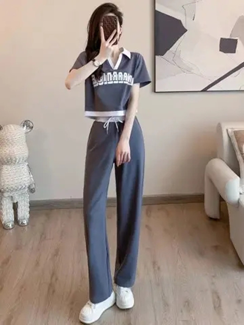 2024年時尚運動服套裝女夏潮V領短袖T闊腿褲兩件套休閒洋氣減齡
