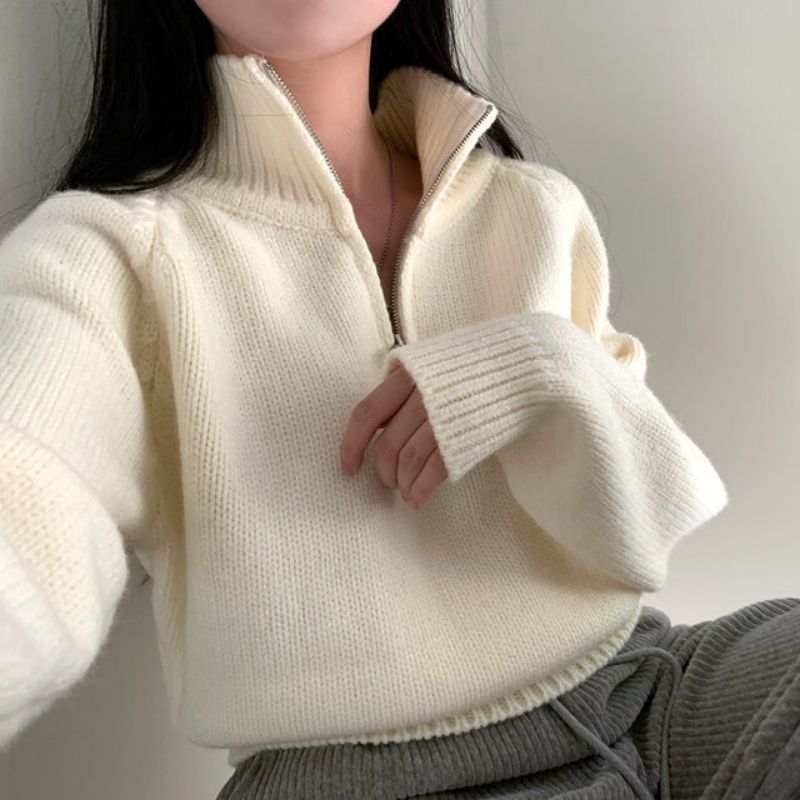 實拍 早春設計感半拉鏈立領純色毛衣女百搭寬鬆針織上衣