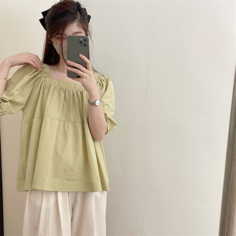 已出貨 法式甜妹溫柔夏季方領泡泡袖顯瘦百搭高級感上衣女