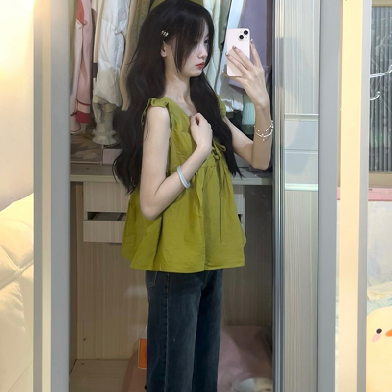 已出貨 牛油果綠設計感小眾小飛袖寬鬆顯瘦娃娃衫上衣女