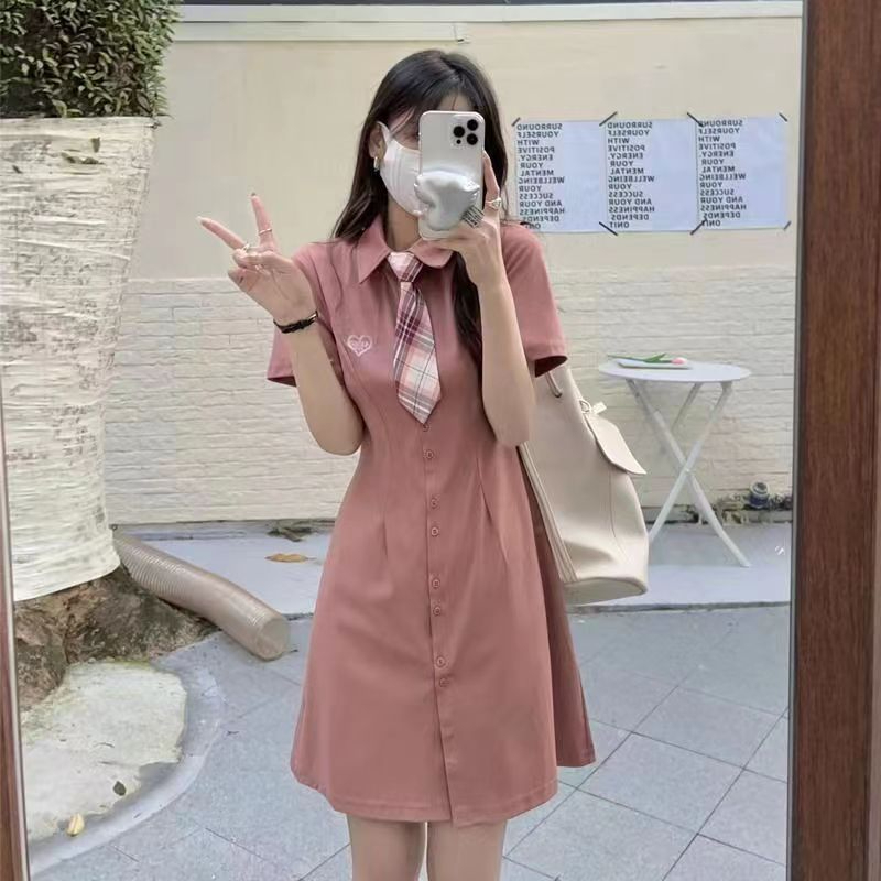 法式氣質娃娃領短袖連衣裙女夏裝小眾設計感收腰顯瘦學院風長裙子