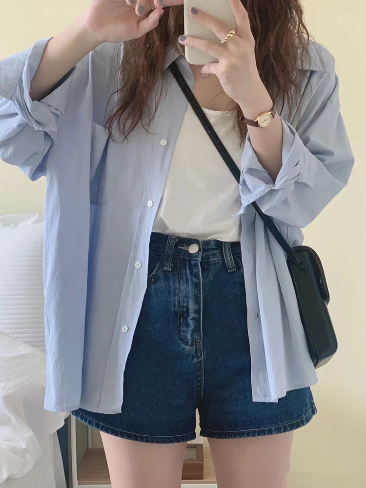 Already shipped Korean simple college style summer basic solid color long-sleeved shirt versatile top for women
