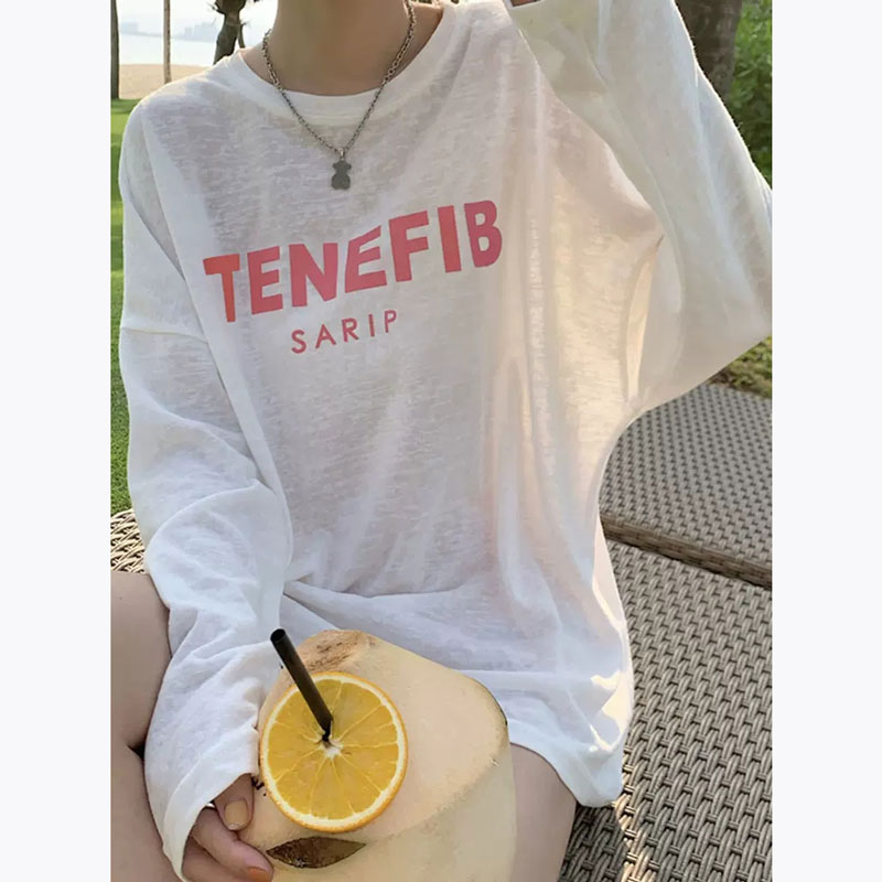 已出貨 韓系簡約風夏季新款面膜T恤長袖印花防曬罩衫百搭上衣