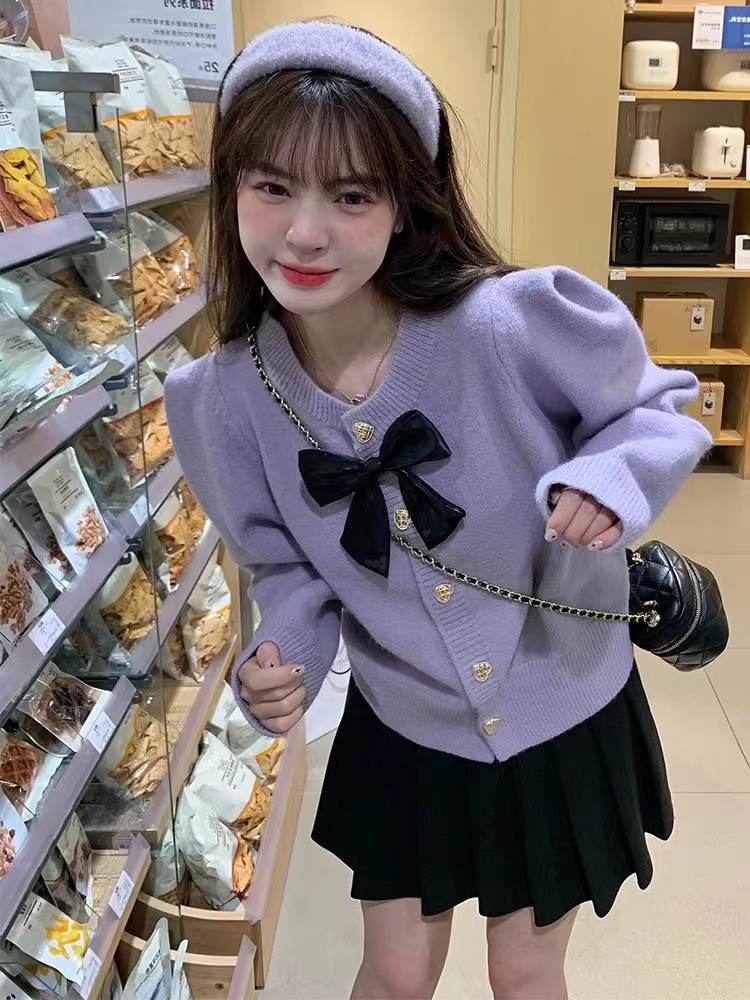 已出貨 日系甜美香芋紫蝴蝶結針織開衫小香風毛衣外套女短款上衣