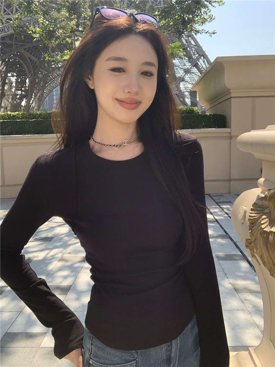 已出貨 厚實磨毛黑色長袖T恤女小眾拼接軟糯打底衫內搭白色上衣