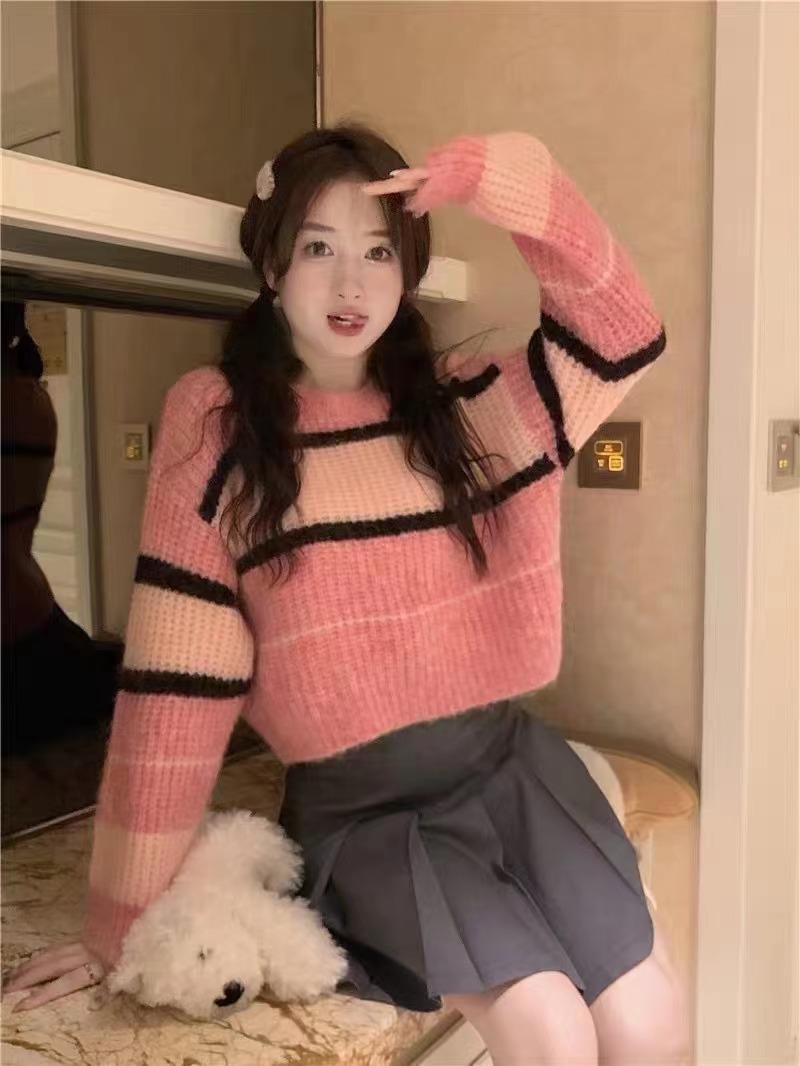 韓版休閒寬鬆撞色條紋短款羊毛針織衫減齡套頭毛衣女