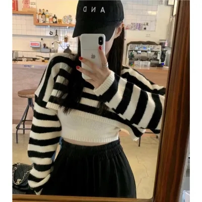 韓國東大門秋季新款純色吊帶背心+撞色條紋短款針織衫套裝女
