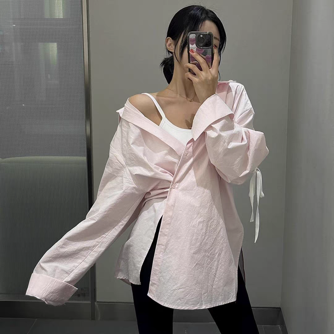 Korea Dongdaemun 24 spring slim casual sleeves bow tie loose shirt tops for women
