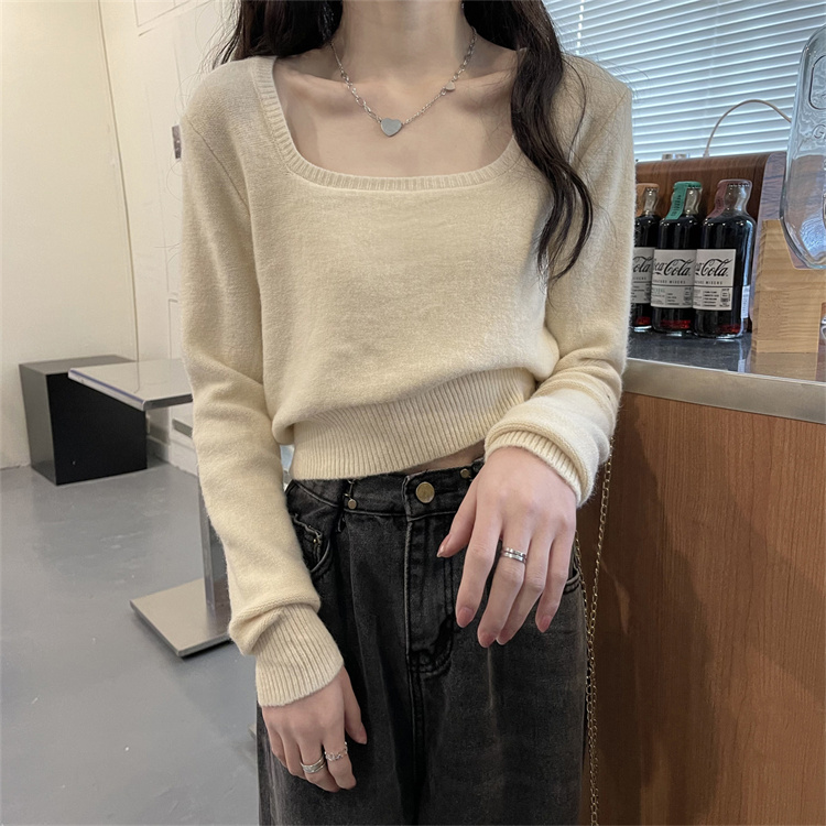 已出貨 白色針織打底衫女春秋季內搭方領短款上衣設計感長袖T恤