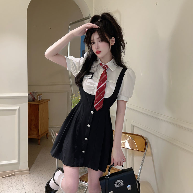實拍美式學院風連衣裙拼接襯衫收腰顯瘦小個子甜辣假兩件a字短裙